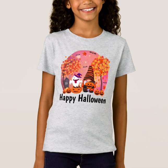 Cute Halloween Gnome och Ghost med Text Girl's T Shirt (Framsida)