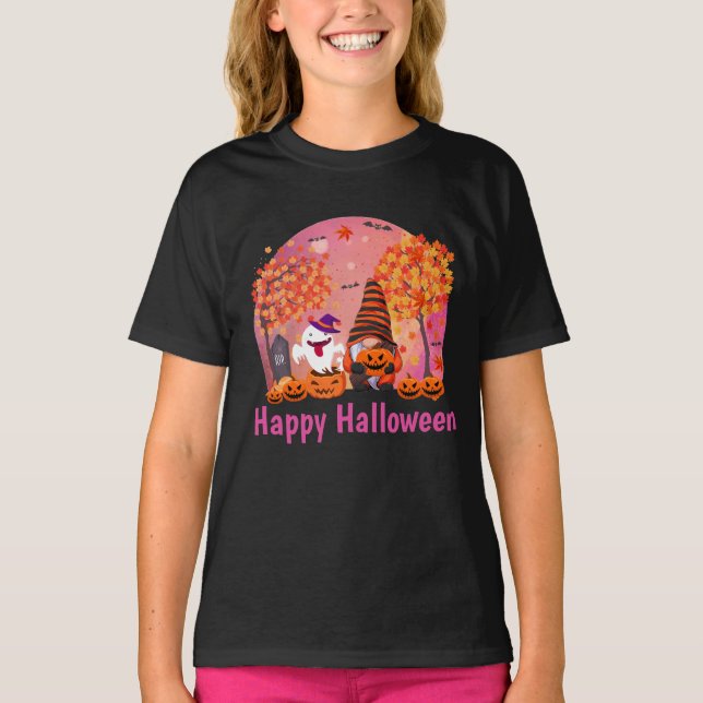 Cute Halloween Gnome och Ghost med Text Girl's T Shirt (Framsida)