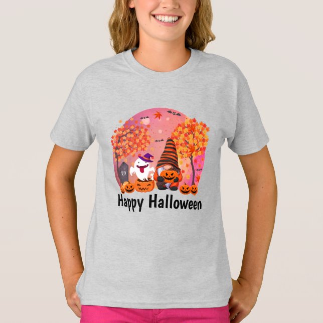 Cute Halloween Gnome och Ghost med Text Girl's T Shirt (Framsida)