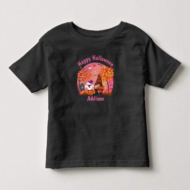 Cute Halloween Gnome och Ghost med text T Shirt (Framsida)