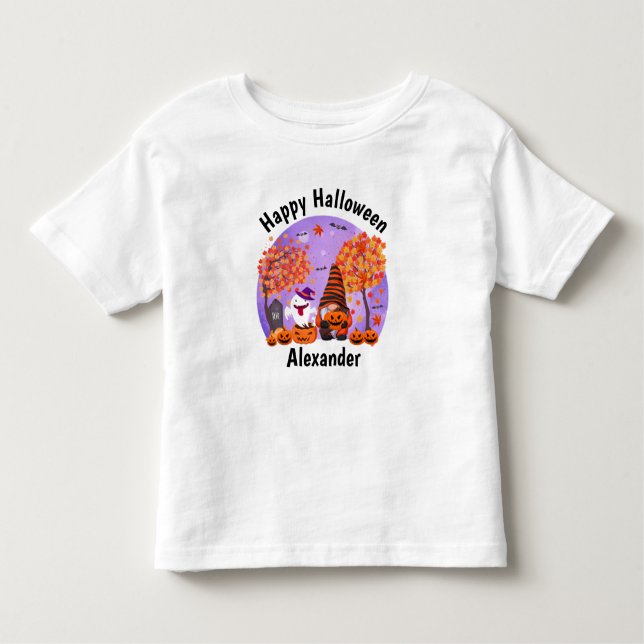 Cute Halloween Gnome och Ghost med text T Shirt (Framsida)