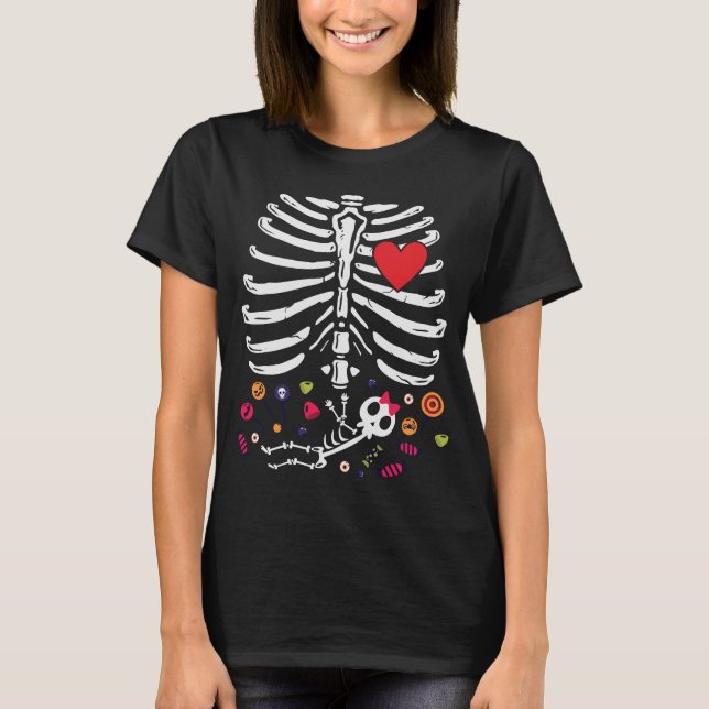 Cute Halloween Gravid Skeleton Flicka T Shirt (Framsida)