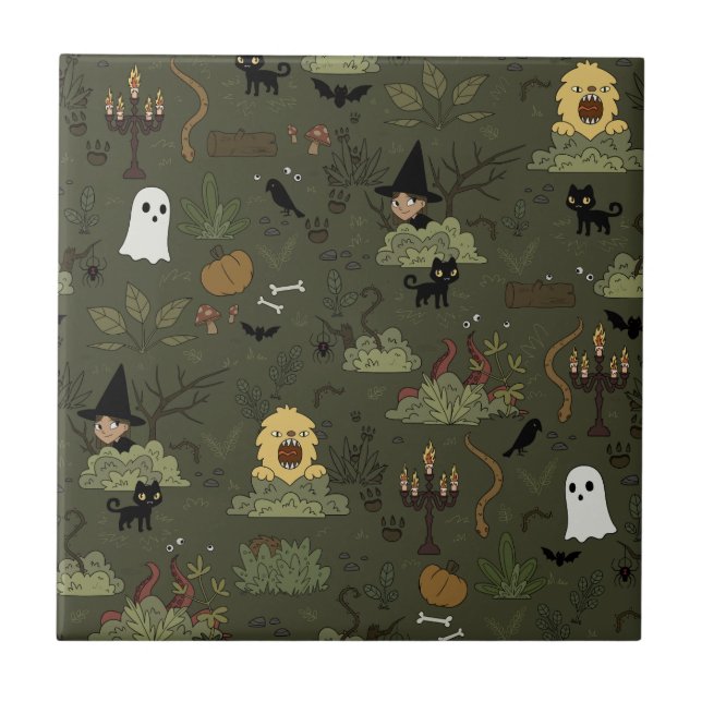 Cute Halloween, Haunted Forest Mönster Kakelplatta (Framsidan)