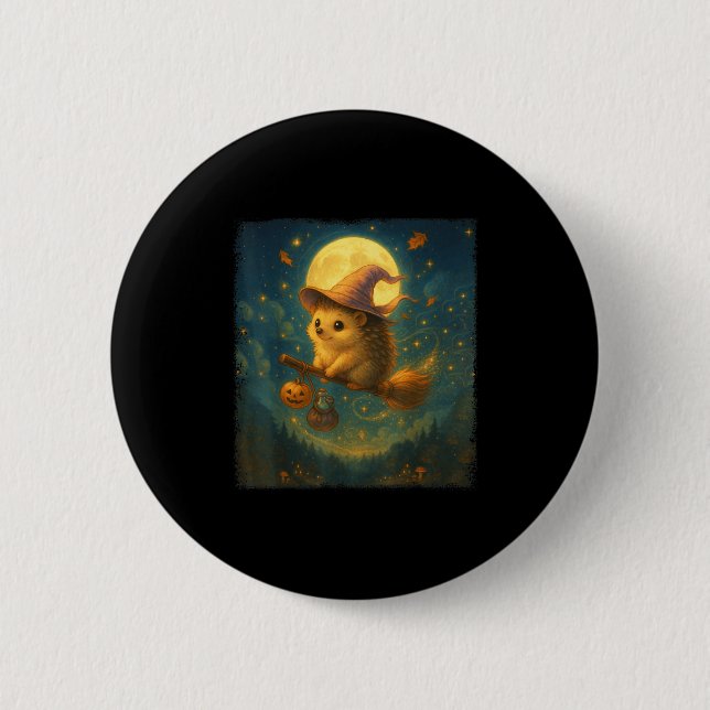 Cute Halloween Hedgehog Broom Ride med spott och Knapp (Framsida)