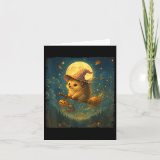 Cute Halloween Hedgehog Broom Ride med spott och Kort (Framsida)
