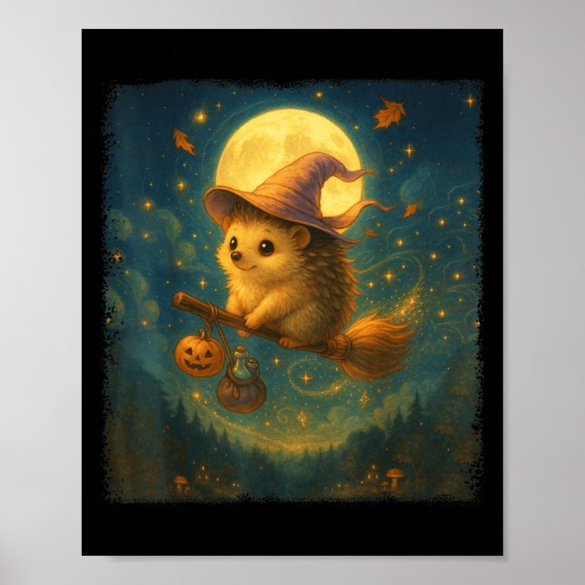 Cute Halloween Hedgehog Broom Ride med spott och Poster (Framsidan)