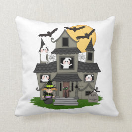 Cute Halloween hemsökt hus och lilla häxa Thro Kudde