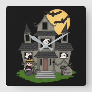Cute Halloween hemsökt hus och lilla häxtorget Fyrkantig Klocka