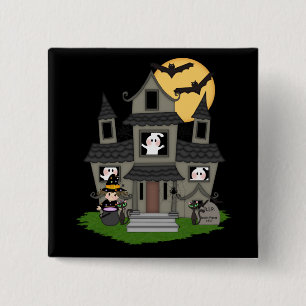 Cute Halloween hemsökt hus och liten häxa Knapp