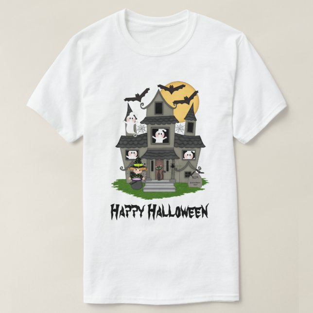 Cute Halloween hemsökt hus och liten häxa T Shirt (Design framsida)