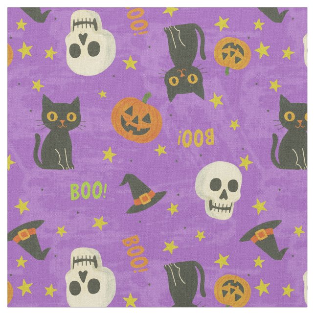 Cute Halloween Icons Mönster - Lila Tyg (Närbild)