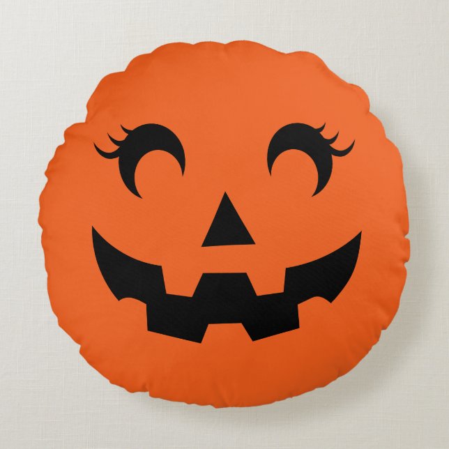Cute Halloween Jack O'Lantern Pumpkin Ansikte Oran Rund Kudde (Framsidan)