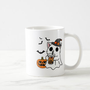 Cute Halloween-katt i Ghost Costume Drinking Boba Kaffemugg