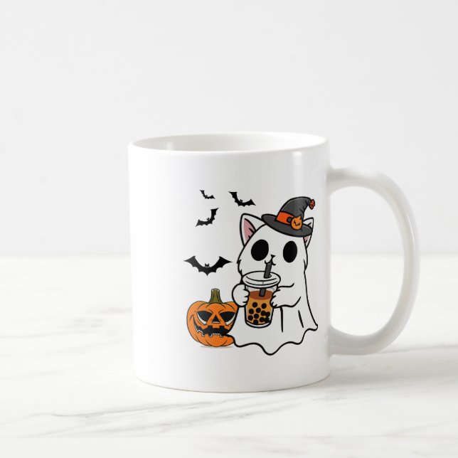 Cute Halloween-katt i Ghost Costume Drinking Boba Kaffemugg (Höger)