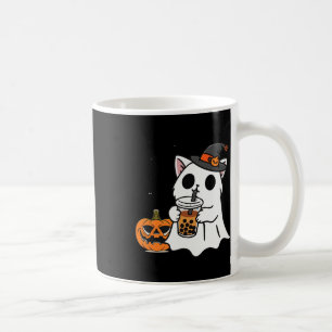 Cute Halloween-katt i Ghost Costume Drinking Boba Kaffemugg