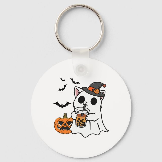Cute Halloween-katt i Ghost Costume Drinking Boba Nyckelring (Framsida)