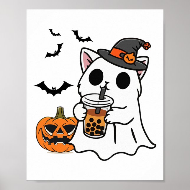 Cute Halloween-katt i Ghost Costume Drinking Boba Poster (Framsidan)