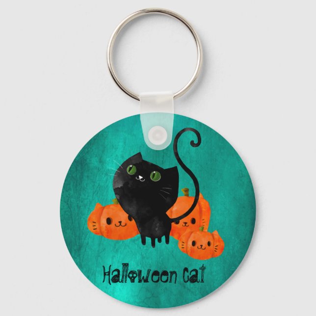 Cute Halloween-katt med pumpor Nyckelring (Framsida)