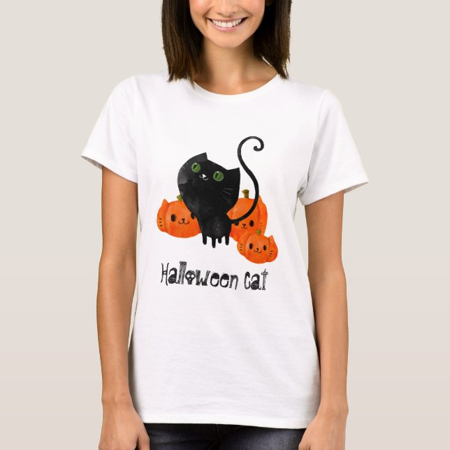 Cute Halloween-katt med pumpor T-shirt (Framsida)