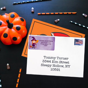 Cute Halloween Kid's Costume Party Witch Adressetikett