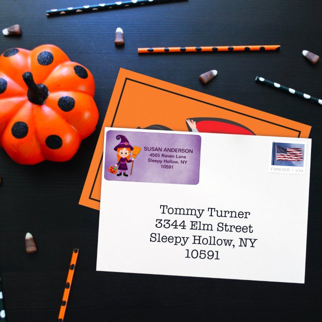 Cute Halloween Kid's Costume Party Witch Adressetikett (Skapare uppladdad)