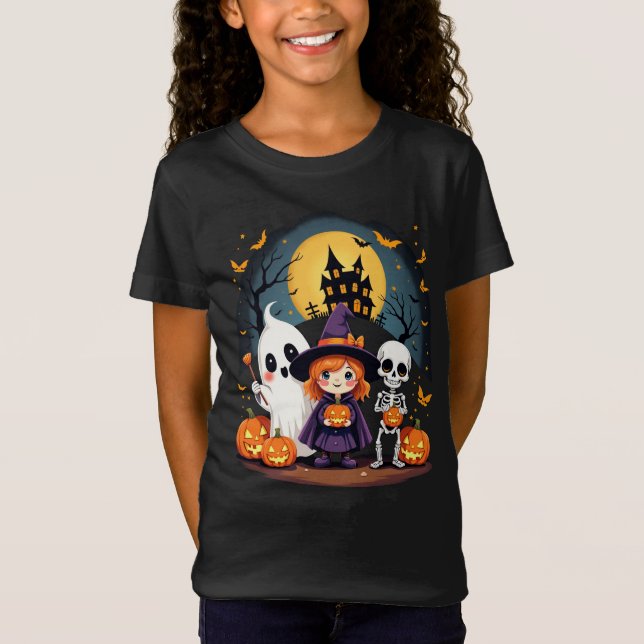 Cute Halloween Kids Tee Ghost Witch Skeleton (Framsida)