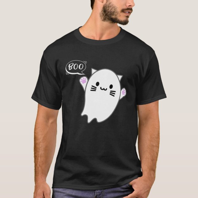 Cute Halloween Kitten Cat Flying Ghost Boo Costume T Shirt (Framsida)