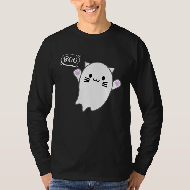 Cute Halloween Kitten Cat Flying Ghost Boo Costume T Shirt (Framsida)