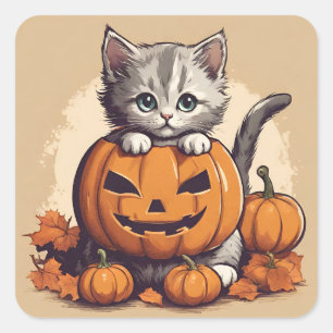 Cute Halloween Kitten och Jack-O'-Lantern Fyrkantigt Klistermärke