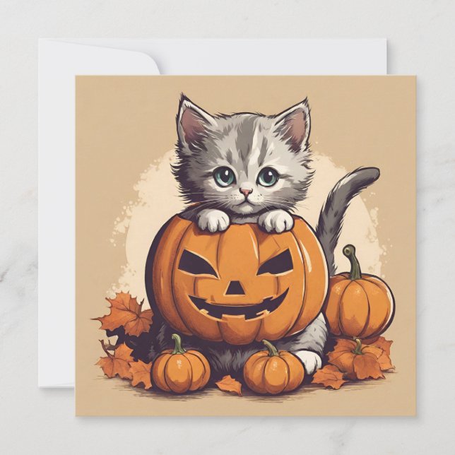 Cute Halloween Kitten och Jack-O'-Lantern Kort (Framsida)