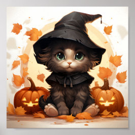 Cute Halloween Kitten Witch, Löv och Pumpkins Poster