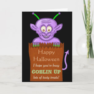Cute Halloween Lila Goblin Tecknad Pun Kort