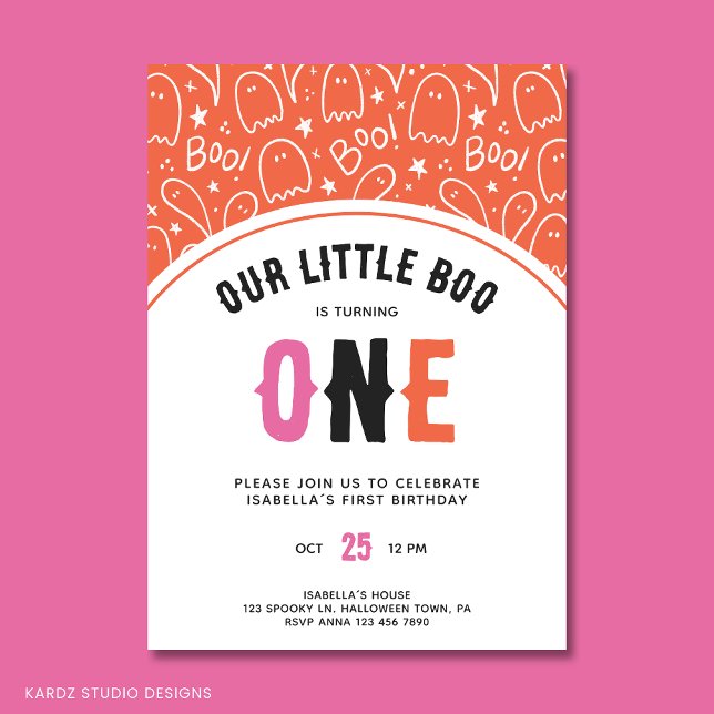 Cute Halloween Little Boo Girl First Birthday Inbjudningar (First Birthday Party Invitation for a Little Boo. In pink orange and black Halloween colors.)