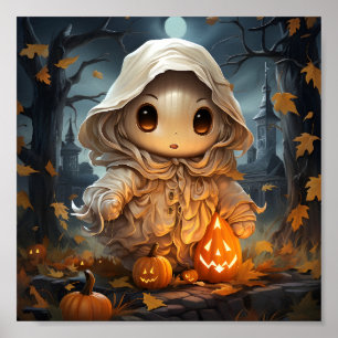 Cute Halloween Little Ghost med Orange Pumpkins Poster