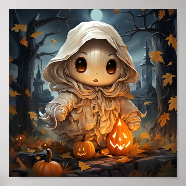 Cute Halloween Little Ghost med Orange Pumpkins Poster (Framsidan)