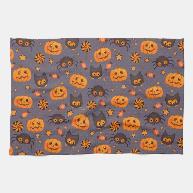Cute Halloween Mönster Lila Background Kökshandduk (Horisontell)