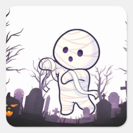 Cute Halloween Mummy in Spooky Graveyard - Funny & Fyrkantigt Klistermärke
