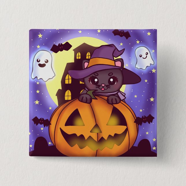 Cute Halloween Oktober Witch Cat Knapp (Framsida)