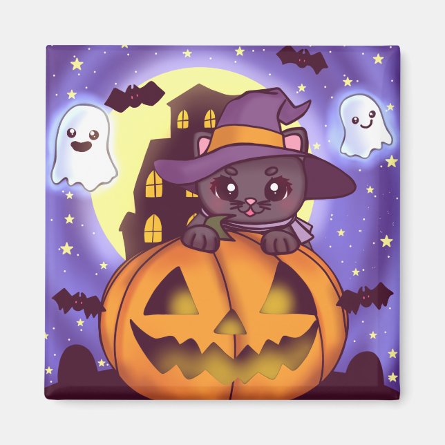 Cute Halloween Oktober Witch Cat Magnet (Framsidan)