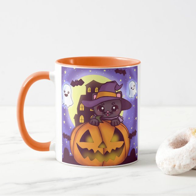 Cute Halloween Oktober Witch Cat Mugg (Med munk)