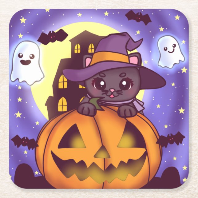 Cute Halloween Oktober Witch Cat Underlägg Papper Kvadrat (Framsidan)