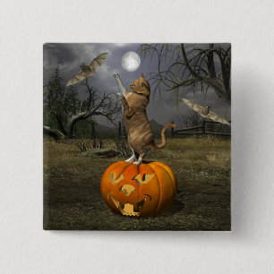Cute Halloween Orange Cat Bating Fladdermus Knapp