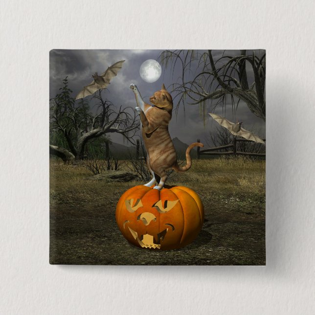 Cute Halloween Orange Cat Bating Fladdermus Knapp (Framsida)