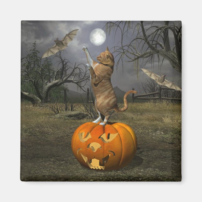 Cute Halloween Orange Cat Bating Fladdermus Magnet (Framsidan)