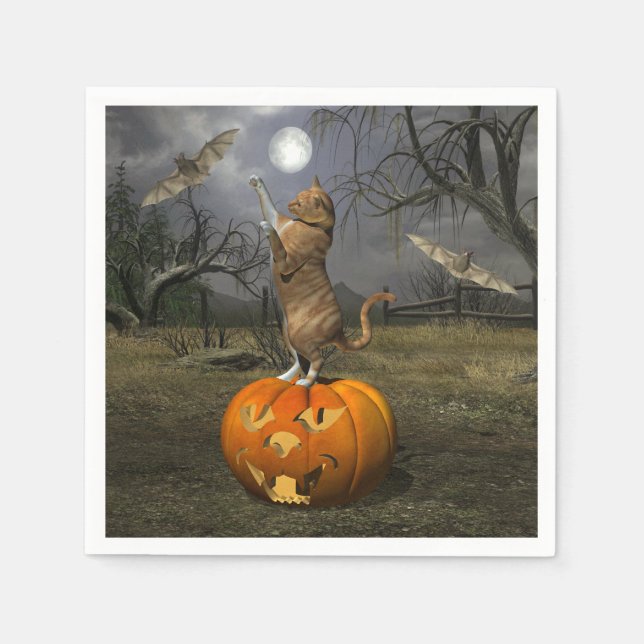 Cute Halloween Orange Cat Bating Fladdermus Pappersservett (Framsidan)