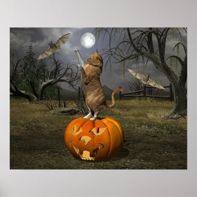 Cute Halloween Orange Cat Bating Fladdermus Poster (Framsidan)