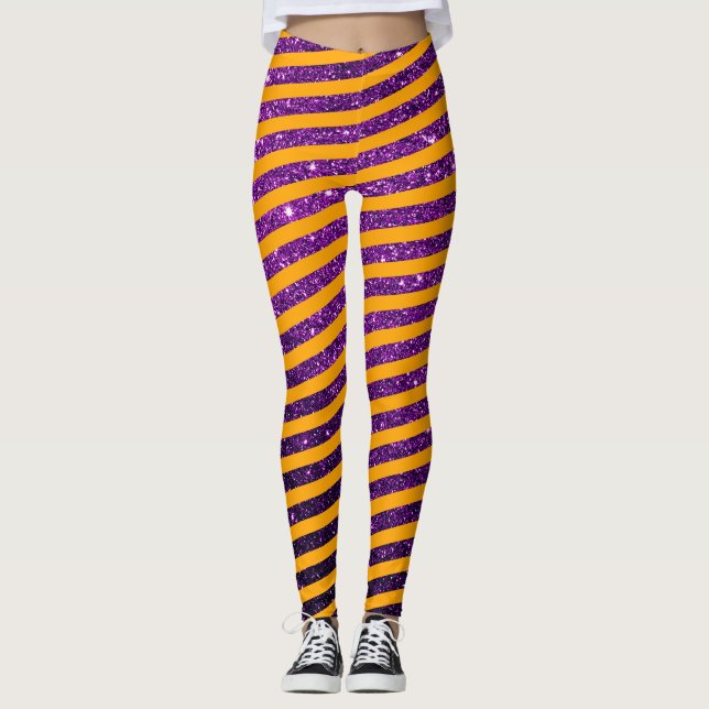 Cute Halloween Orange Lila Glitter strimlad Leggings (Framsida)