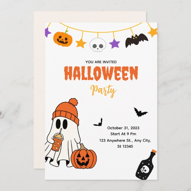 Cute Halloween Party Invitation with Ghost Inbjudningar (Fram/baksida)