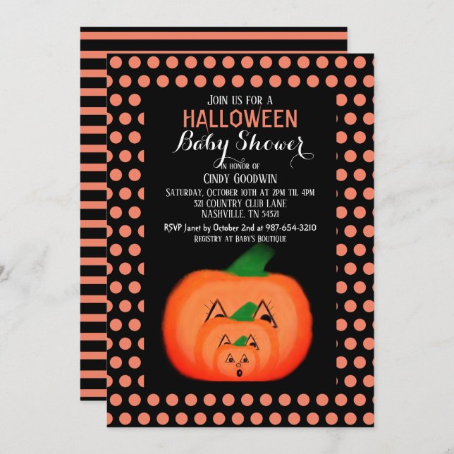 Cute Halloween Pumpkin Black Orange Baby Shower  Inbjudningar (Fram/baksida)
