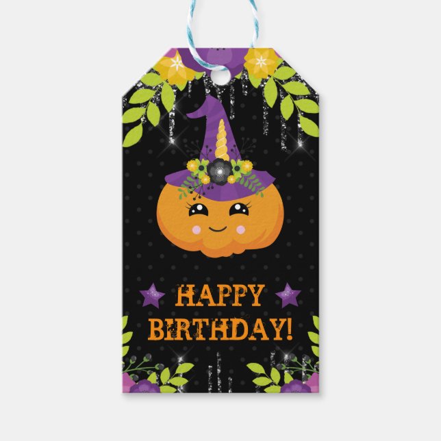 Cute Halloween Pumpkin Blommigt Birthday Presentetikett (Framsidan)